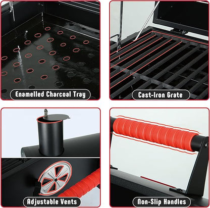 Feasto Portable Tabletop Charcoal Grill, 354 Sq.In Cooking Area with Cast Iron Grates & Temp Gauge, Small BBQ Grill for Camping, Picnic, RV, Outdoor Patio, Grey