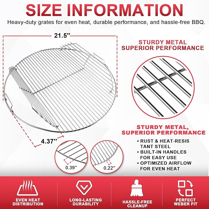 7436 Cooking Grate Hinged for Weber 22" Original Kettle Charcoal Grills, Round Replacement Grate for Weber Performer, Jumbo Joe Premium, Master-Touch,Bar-B-Kettle & Other 22 Inch Charcoal Grills
