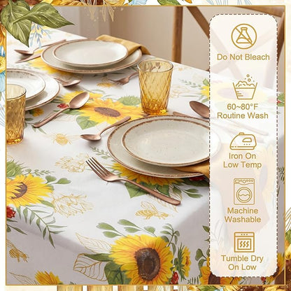 7 Pcs Sunflower Tablecloth and Chair Covers Set 60 x 84 Inch Waterproof Stain Rectangular Table Cover with Stretchable Removable Chair Slipcovers for Dining Room, Patio, Summer Parties