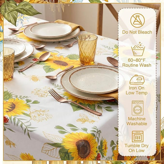 7 Pcs Sunflower Tablecloth and Chair Covers Set 60 x 84 Inch Waterproof Stain Rectangular Table Cover with Stretchable Removable Chair Slipcovers for Dining Room, Patio, Summer Parties
