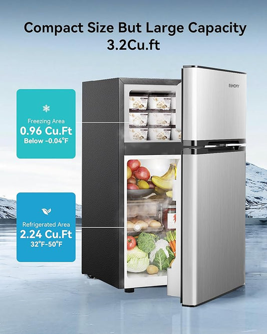 EUHOMY 3.2 Cu.Ft. Refrigerator with Freezer, 2 Door Fridge, Adjustable Thermostat，Large Capacity, Refrigerator for Kitchen/Dorm/Office/Apartment - Food Storage or Cooling drinks, Silver