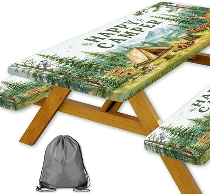 Picnic Table Cover with Bench Covers and Bag, Camping Essentials, Funny Wildlife Animals Forest Mountain Waterproof Windproof Camping Tablecloth, Fitted Rectangle Tables and Seats, 3 Pcs, 30x72 Inch
