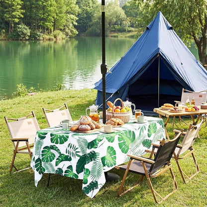 Poise3EHome 60X84 Outdoor/Indoor Waterproof Tropical Rectangle Tablecloth Green with Umbrella Hole Zipper for Camping Picnic Party Patio Table Spring, Palm Leaf