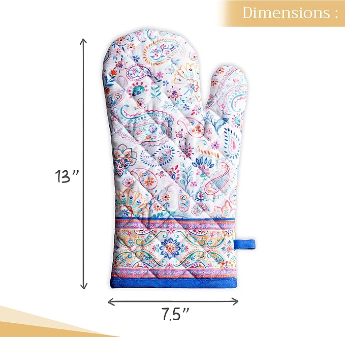 Maison d'Hermine Oven Gloves 100% Cotton Oven Mitt 7" x 13" with Loop Heat Resistant BBQ Cooking Gloves Baking Grilling Kitchen Hotel Home Farmhouse Spring Summer (Pack of 1, Indian Floral)