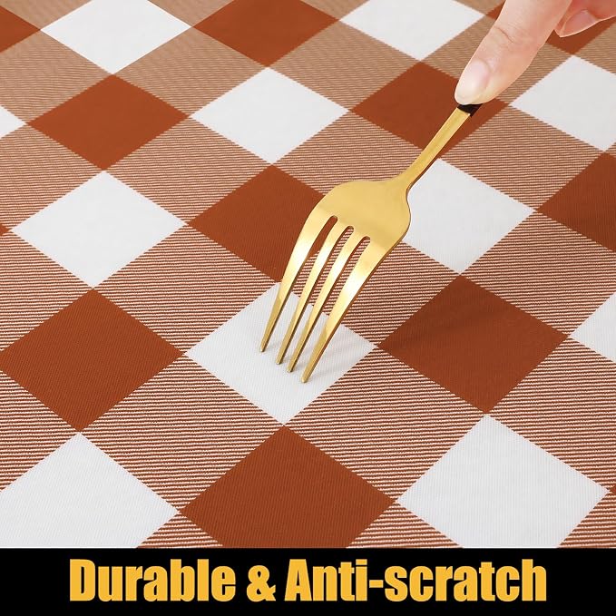 Smiry Rectangle Picnic Table Cloth, Elastic Waterproof Fitted Vinyl Tablecloths, Flannel Backed Buffalo Plaid Table Covers for Dining, Camping, Outdoor, Thanksgiving (White and Rust, 30" x 48")