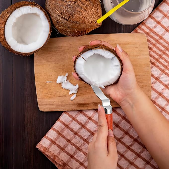 DOITOOL Coconut Meat Removal Tool Stainless Steel Fresh Coconut Scraper Knife with Ergonomic Wood Handle for Raw Shell Extraction and Manual Opener