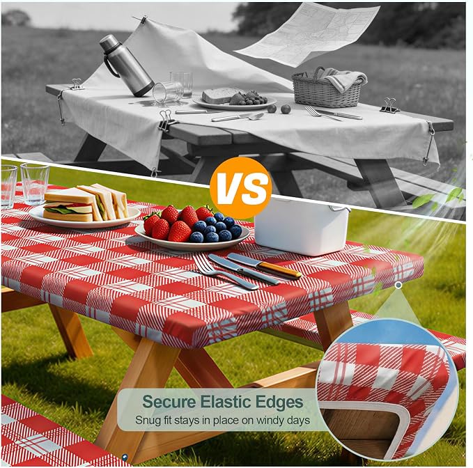 Picnic Table Cover Bench Covers Camping Essentials Tablecloth | Waterproof Vinyl for Outdoor, Windproof Elastic Fitted Edges, RV BBQ Accessories Must Haves, Storage Bag Included