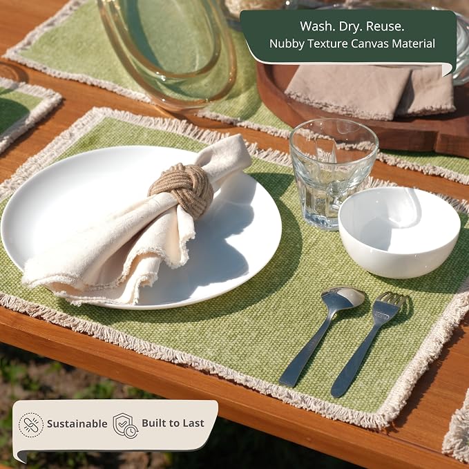 Hausattire Cotton Frayed Placemats Set of 4 Dining Table 14x14 Inch | Rustic Vintage Boho Washable Spring Easter Placemat for Outdoor Parties BBQ's Wedding, Holiday Nubby Cotton - Green