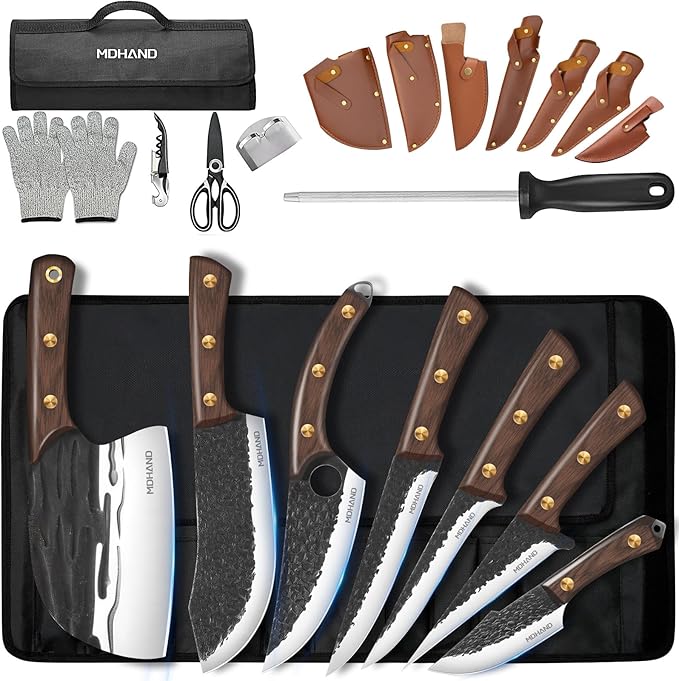 MDHAND Butcher Knife Set, Hand Forged Viking Kitchen Serbian Chef Knife Set with Roll Bag, Heavy Duty Meat Cleaver & Brisket Knives & Meat Cutting Knife for BBQ, Outdoor Camping, Gifts for Men Women