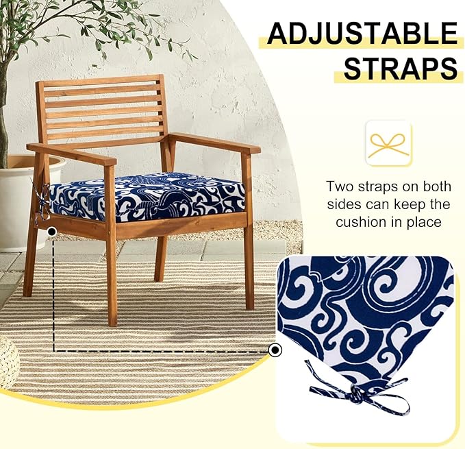 downluxe Outdoor Chair Cushions Set of 4 for Patio Furniture, Water-Resistant Square Corner Patio Chair Cushions with Ties, High Density Foam Outdoor Seat Cushion, 18.5" X 16" X 3", Blue Carp