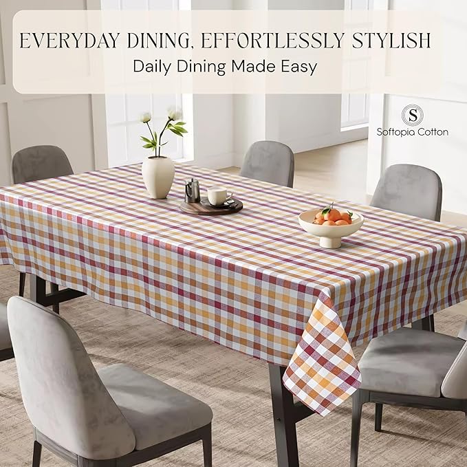 Gingham Check Tablecloth, 60"x84", 100% Cotton, Washable, Reusable Everyday Dining Table Linen Cover for Holidays, Parties, Burgundy Wine - Brown - Mustard Yellow & Natural Plaid