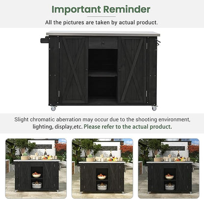 52.25" W x 28.75" D x 36.25" H Outdoor Kitchen Island Fir Wood Stainless Steel Black