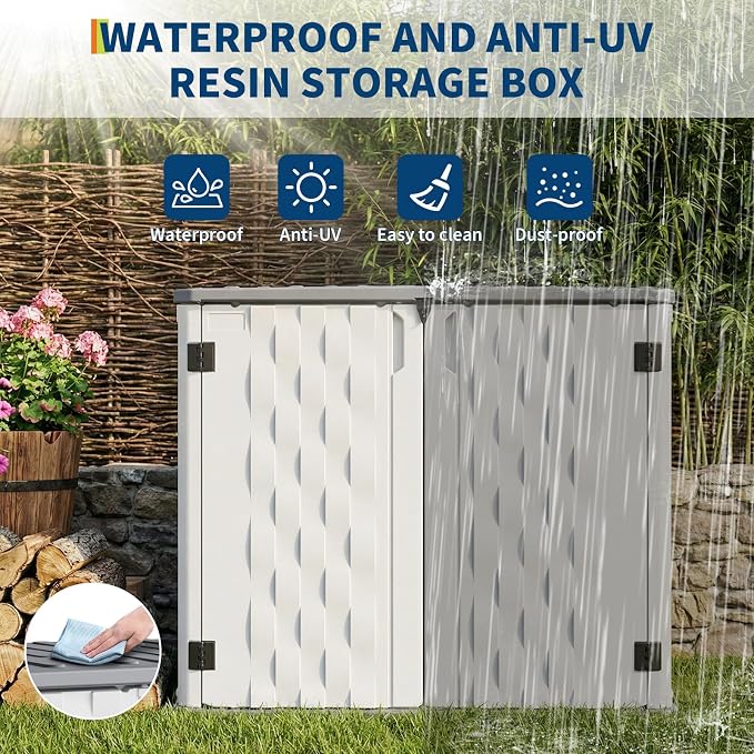 35Cu ft Outdoor Resin Storage Cabinet, Outdoor Trash Can Storage Waterproof, Outdoor Resin Storage Box for Patio Tools, Sofa Cushion, Lawn Mower and Garbage Cans