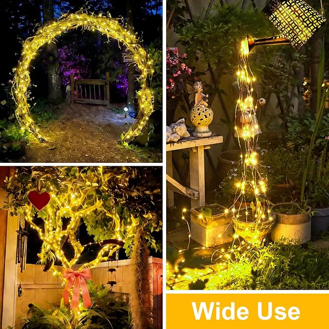 QITONG Warm White Solar Fairy Lights, 2 Pack Each 66ft 200 LED String Lights Outdoor, Silver Wire Solar Christmas Mini Lights