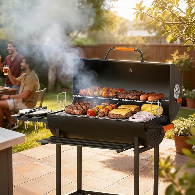 KEYO GRILL 29-Inch Barrel Charcoal Grill, Adjustable Vent Heavy-Duty Outdoor Barbecue Grill with Height Adjustable Charcoal Pan,Warming Rack Outdoor BBQ Grill for Backyard, Patio and Parties, Black