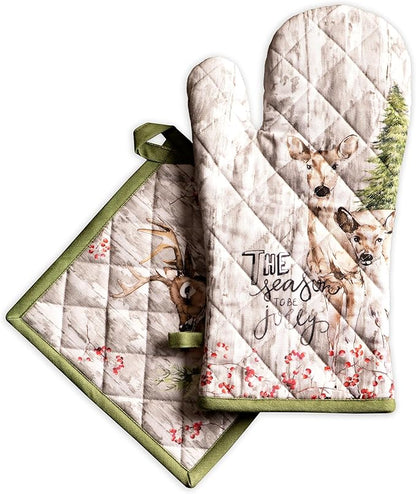 Maison d' Hermine 100% Cotton Oven Mitt & Pot Holder Set (7.5"x13" & 8"x8") Heat Resistant BBQ Cooking Gloves with Loop for Thanksgiving Christmas Decorations Handling Hot Pans (Mountain Life)
