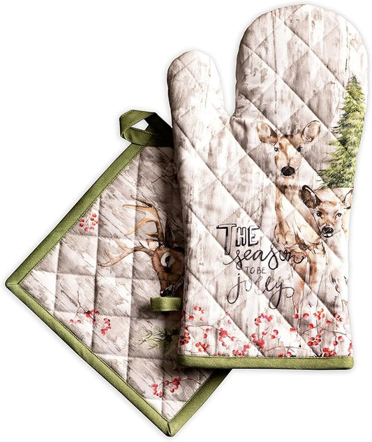 Maison d' Hermine 100% Cotton Oven Mitt & Pot Holder Set (7.5"x13" & 8"x8") Heat Resistant BBQ Cooking Gloves with Loop for Thanksgiving Christmas Decorations Handling Hot Pans (Mountain Life)
