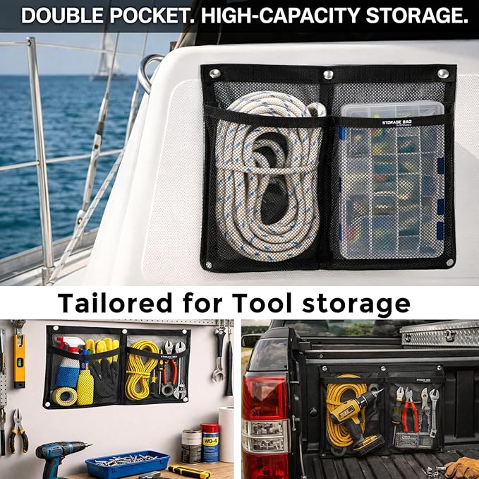Marine Mesh Double Pocket Boat Gear Storage Bag, Polyester Boat Rope Storage Bag, Screw Snap Mount (Black, Large)
