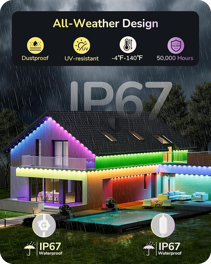 EDISHINE Permanent Outdoor Lights, 100FT with 60 RGBIC LED Cuttable Stripe Lights, APP/Voice/Remote Control, 111+ Scene Modes Outdoor Smart Lights, IP67 Waterproof for Party & Holiday Decor
