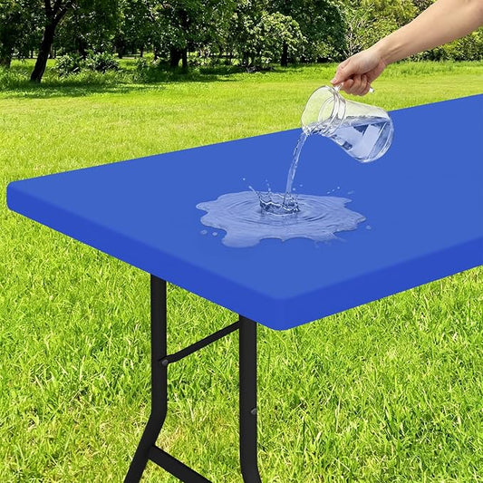 Smiry Rectangle Tablecloth, Elastic Fitted Flannel Backed Vinyl Tablecloths for 8ft Folding Tables, Waterproof Wipeable Table Covers for Indoor, Outdoor, Picnic and Camping (Blue, 30"x96")