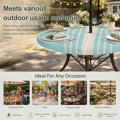 Outdoor Fitted Tablecloth with Umbrella Hole and Zipper, Lake Blue Beige Striped Elastic Round Patio Table Cover, Farmhouse Retro Lines Modern Table Protector for Backyard BBQ Party 36''-44''