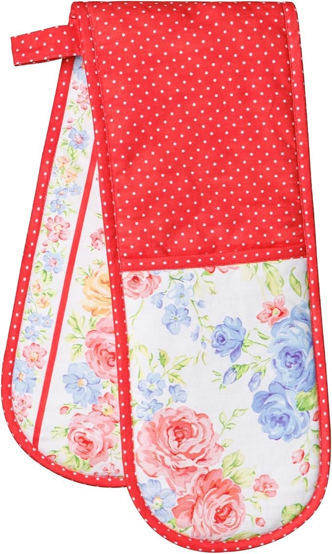 Maison d' Hermine Double Oven Mitts 100% Cotton 7"x35" Double Oven Mitt Heat Resistant BBQ Cooking Gloves with Loop Baking Grilling Kitchen Hotel Home Farmhouse Spring Summer (Vintage Floral)