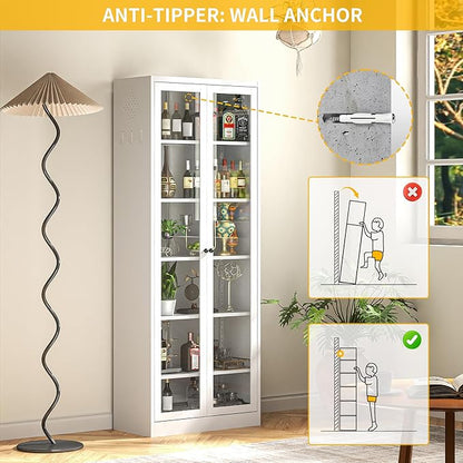 Kitchen Pantry Cabinet, 72" Tall Pantry Storage Cabinet with Adjustable Shelves and Glass Doors, Metal Storage Cabinets with Handle for Living Room, Kitchen, Assemble Required (White)