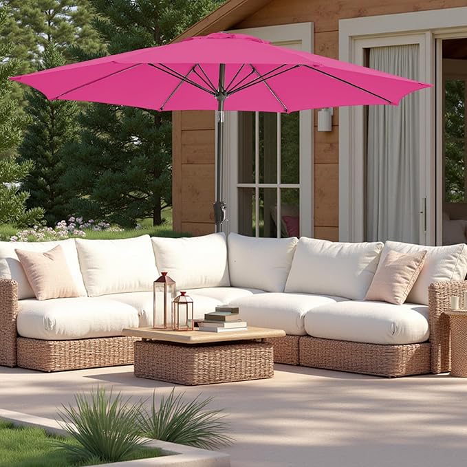 9FT Large Outdoor Patio Umbrella Pool Market Umbrella-UV Resistant, Easy Push Button Tilt and Crank, 8 Sturdy Ribs Heavy-Duty Table Umbrella for Deck, Backyard, Garden (Pink)