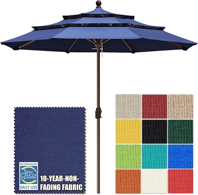 EliteShade USA 10-Year-Non-Fading 10ft 3-Tier Market Patio Umbrella, Commercial Grade Outdoor Table Umbrella with Crank Open, Windproof & UPF 50+ UV Protection, Heavy Duty Ventilation for Garden, Deck, Pool, Backyard, Beach & Bistro, No Tilt, Navy Blue