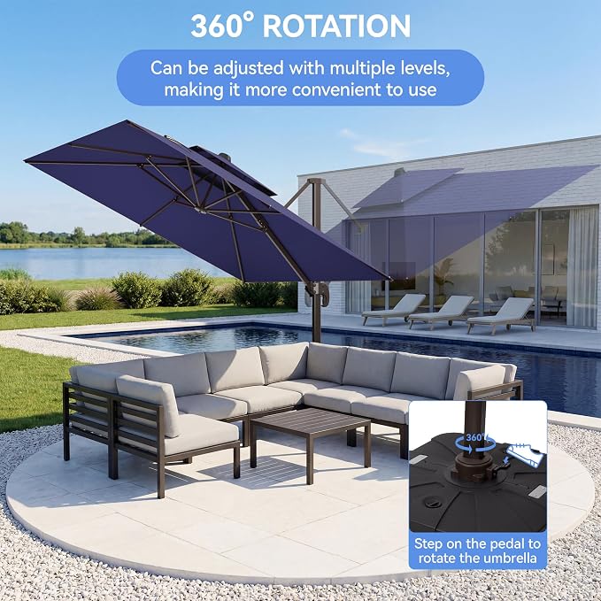 10x10FT Cantilever Outdoor Patio Umbrellas，Double Top Large Square Umbrella Heavy Duty 360°Rotation Offset Outdoor Sun Shade Umbrella for Garden Deck Pool Backyard Patio, Navy Blue