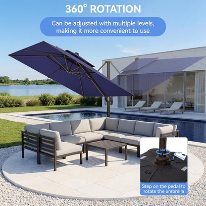 10x10FT Cantilever Outdoor Patio Umbrellas，Double Top Large Square Umbrella Heavy Duty 360°Rotation Offset Outdoor Sun Shade Umbrella for Garden Deck Pool Backyard Patio, Navy Blue