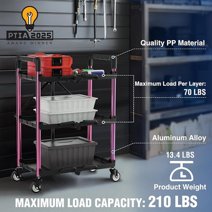 WORKPRO 3-Tier Collapsible Utility Cart, 210 LBS Cart with Wheels | No Assembly Required, Foldable Service Cart with Spacious Shelves for Garage, Warehouse, Office & Home Use, Black/Pink