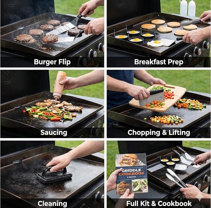 Flat Top Griddle Accessories Set for Blackstone and Camp Chef Griddle - 14 Pieces Set with Griddle Cleaning Kit & Carry Bag! Metal Spatula, Griddle Scraper, Egg Rings for Teppanyaki & Gas Grill