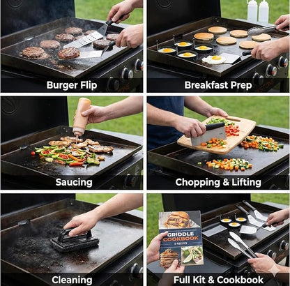 Flat Top Griddle Accessories Set for Blackstone and Camp Chef Griddle - 14 Pieces Set with Griddle Cleaning Kit & Carry Bag! Metal Spatula, Griddle Scraper, Egg Rings for Teppanyaki & Gas Grill