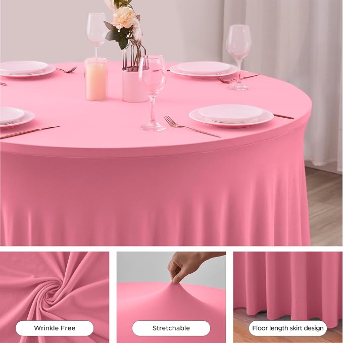 Fitted Pink Spandex Table Skirts for Wedding Party,60 Inch Round,6 Pack | Spandex Table Covers, For 5 Ft Wedding Cake Tables, Wrinkle Resistant, Ruffle Design Banquets, Baby Showers, Parties