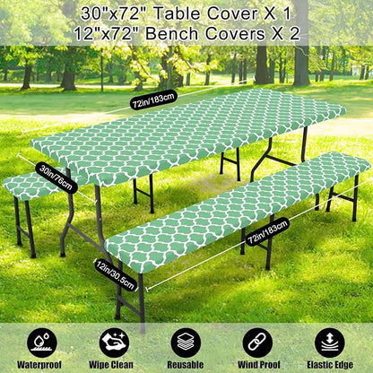 Smiry Picnic Table Cover with Bench Covers, Waterproof Elastic Fitted Tablecloth for 6 Foot Tables, Washable Polyester Tablecloths for Camping, Indoor & Outdoor (Sage Green, 30x72 Inch 3-pc Set)