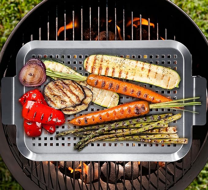 Grill Pan Set of 2, BBQ Grill Topper for Outdoor Grill, Stainless Steel Grilling Baskets with Holes and Handles, Perforated Food Tray Barbecue Accessories for Vegetable, Fish, Middle x 2