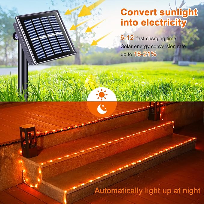 JMEXSUSS Orange Halloween Solar Lights, 66 ft 200 LED Rope Lights Outdoor Waterproof, PVC Tube Orange Christmas String Lights for Halloween Thanksgiving Fall Party Tree Fence Christmas (Pack of 2)