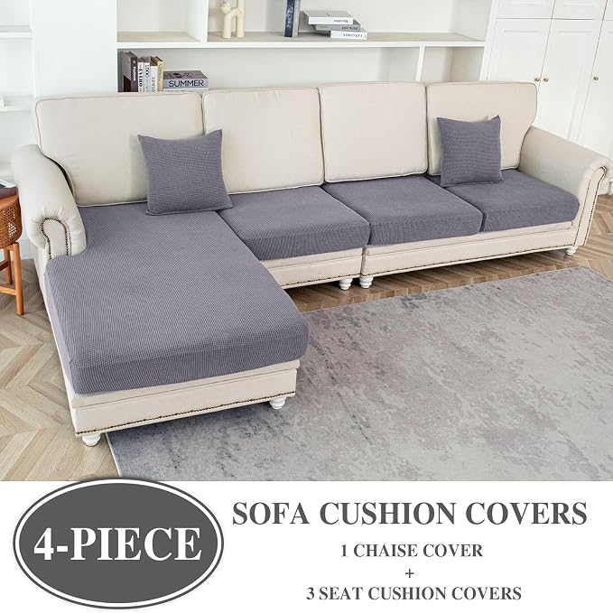 LA MEACK Couch Cushion Covers for Sectional Sofa L Shape Washable Separate Seat Chaise Couch Cover Stretch Sofa Slipcovers with 2 Pcs Pillowcases(3 Seater + 1 Chaise, Light Grey)