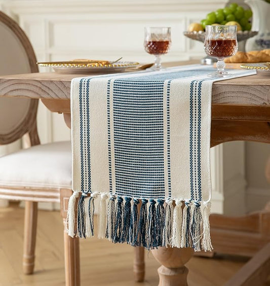 Caflife Boho Table Runner Blue and White for Modern Farmhouse Decor,Natural Cotton Woven Runner with Tassels for Home Dining Table décor 13 x 90 Inch Long