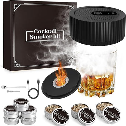 Electric Whiskey Smoker Kit, Old Fashioned Bourbon Drink Cocktail Smoking Kit with 8 Flavors Wood Chips, Anniversary Birthday Gifts Christmas for Men Father Whiskey Lovers (NO Butane Needed)