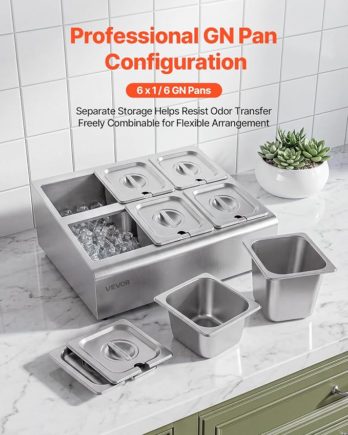 VEVOR Countertop Food Serving Display Container, Stainless Steel Food Salad Server Tray, Buffet Condiment Dispenser, Ice Cooled Rack with Separate Lid, for Restaurant Hotel Kitchen Party (6x1/6 Pan)