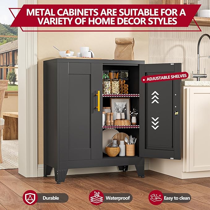 Black Metal Storage Cabinet, 36" Steel Locker Cabinets for Home Office, Locking Storage with Doors and 2 Adjustable Shelves, Utility Cabinet, for Office, Home, Garage, School
