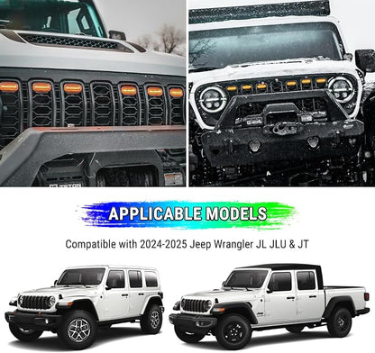 RGB LED Grille Lights Compatible with 2024 2025 Jeep Wrangler JL JLU JT Original Factory Grille, RGB Adjustable Atmosphere Exterior Grill Lights Remote APP Control, 6PCS