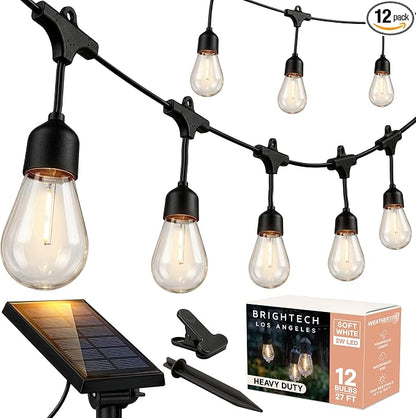 Brightech Ambience Pro Solar Powered Outdoor Patio String Lights - Commercial Grade 27 Ft Waterproof with 12 Edison Bulbs , Shatterproof LED - 2W , Soft White