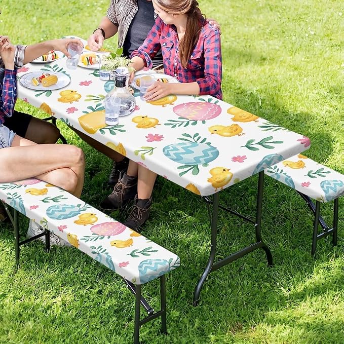 Easter Egg Chick Elastic Fitted Table Cloth for Camping Party Supplies 3 PCS Set Easter Outdoor Picnic Table Cover with Bench Covers