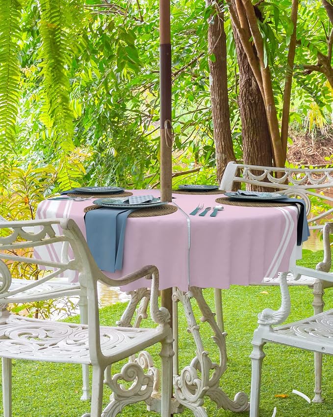 QueenKer Outdoor Tablecloth with Umbrella Hole, Farmhouse Pink White Stripe Round Tables Waterproof Tabletop Collection for Patio, Garden, Picnic, Camping, Dining 54R
