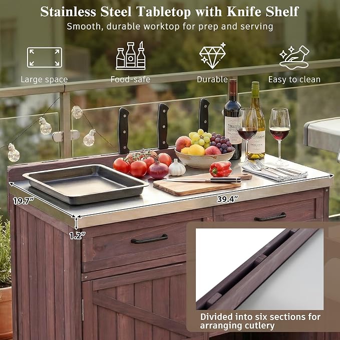 Merax Farmhouse 39.4" Grill Cart with Drawer, Storage Cabinet and Stainless Steel Top, Outdoor Grill Station w/Internal Racks & Lockable Wheels, Modular Kitchen Island for Food Prep & BBQ, Dark Brown