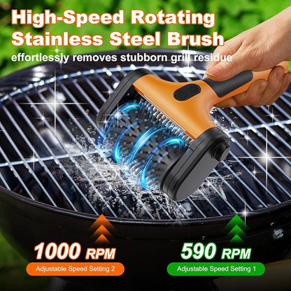 2-in-1 Upgraded Electric Grill Brush and Polisher – 1000 RPM High-Torque Motor, 2600mAh Battery, LED Light – Bristle-Free BBQ Cleaner for Gas, Charcoal & Pellet Grills (Orange)