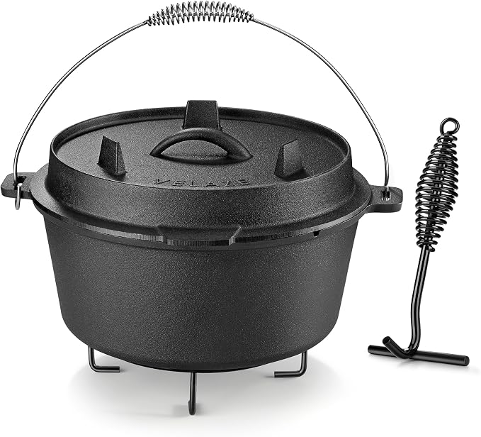 Velaze 10 QT Pre-Seasoned Cast Iron Camping Dutch Oven Pot with Lid | Comes with Metal Handles, Lid Lifter,Stand Support,Use in Oven, on Stove,Grill,or Over Campfire,Capacity for 4-8 People